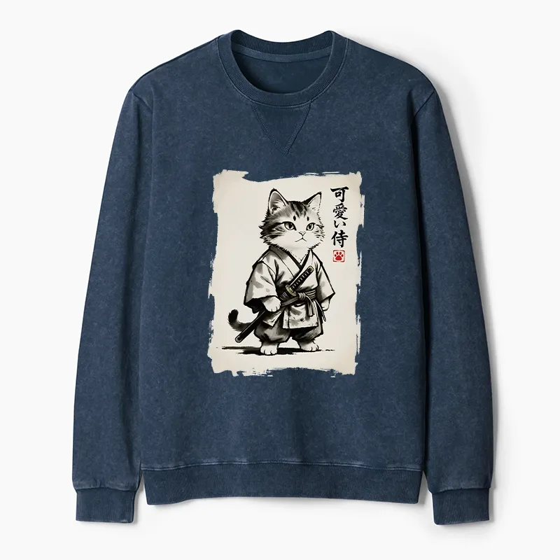 Tokyo-Tiger Japanese Samurai Cat Illustration Washed Terry Sweatshirt