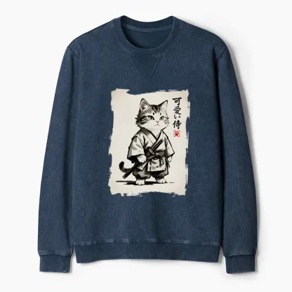 Tokyo-Tiger Japanese Samurai Cat Illustration Washed Terry Sweatshirt