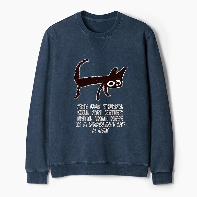 Tokyo-Tiger Cat Cheer Up Drawing Washed Terry Sweatshirt