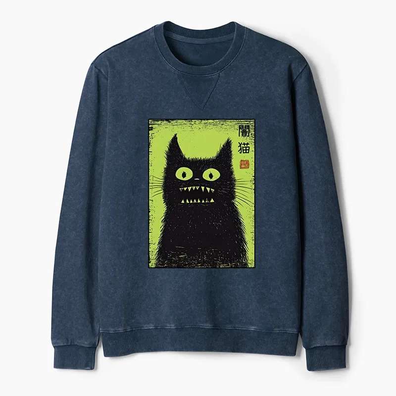 Tokyo-Tiger Spooky Black Cat Japanese Washed Terry Sweatshirt