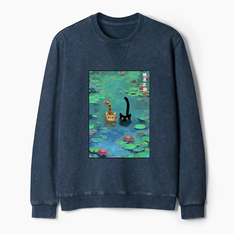 Tokyo-Tiger Funny Cats Swimming In Lilies Washed Terry Sweatshirt