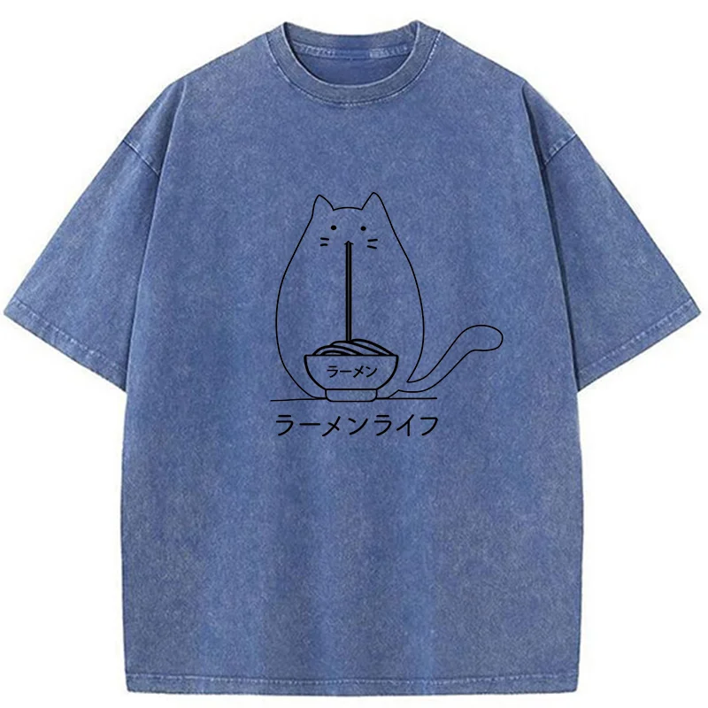 Tokyo-Tiger Funny Cat Eating Ramen Washed T-Shirt