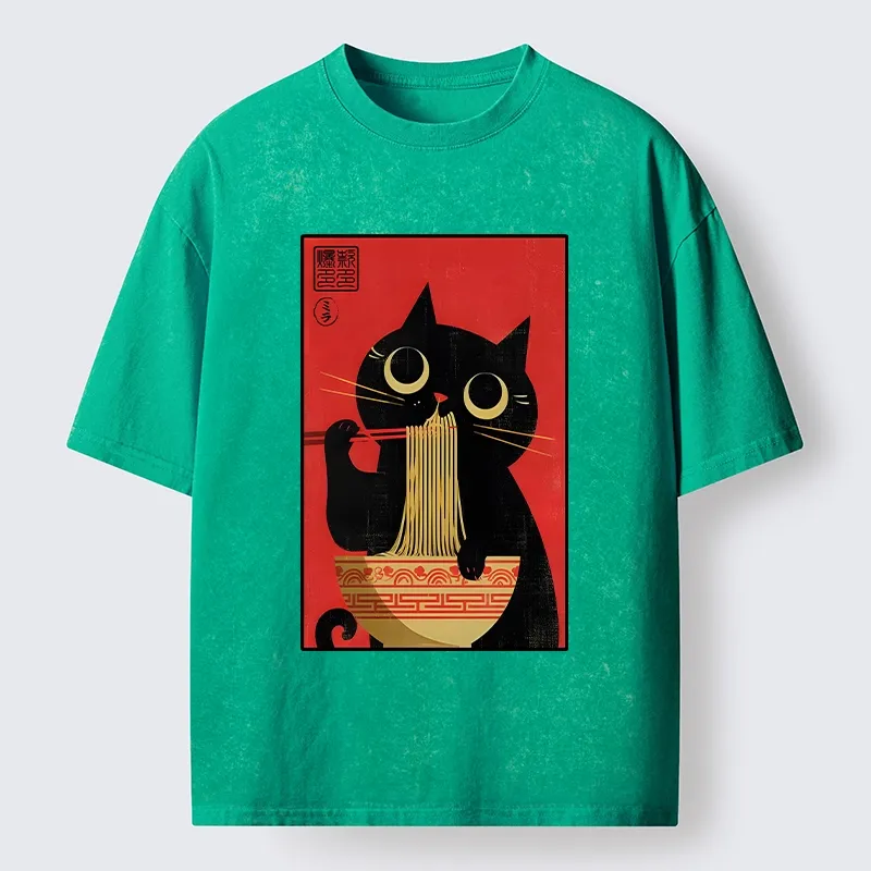 Tokyo-Tiger Cat Eats Ramen Like A Pro Washed T-Shirt