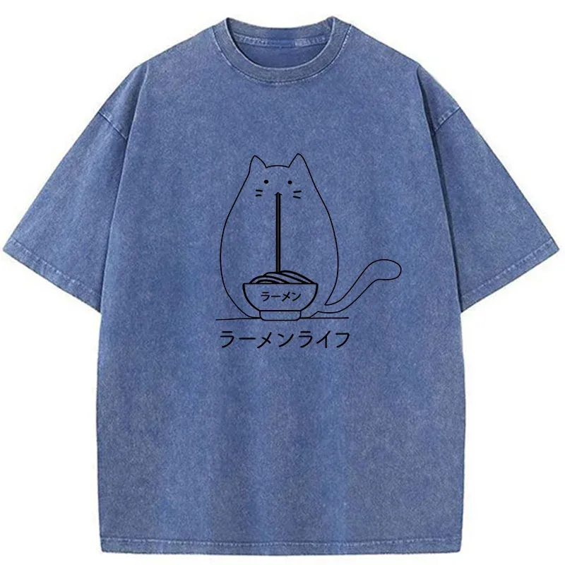 Tokyo-Tiger Funny Cat Eating Ramen Washed T-Shirt