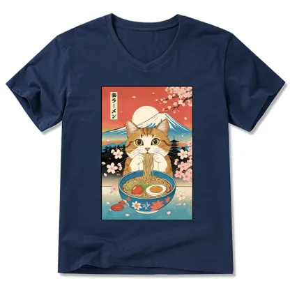 Tokyo-Tiger Funny Orange Cat Eating Ramen Japan V-Neck Classic T-Shirt