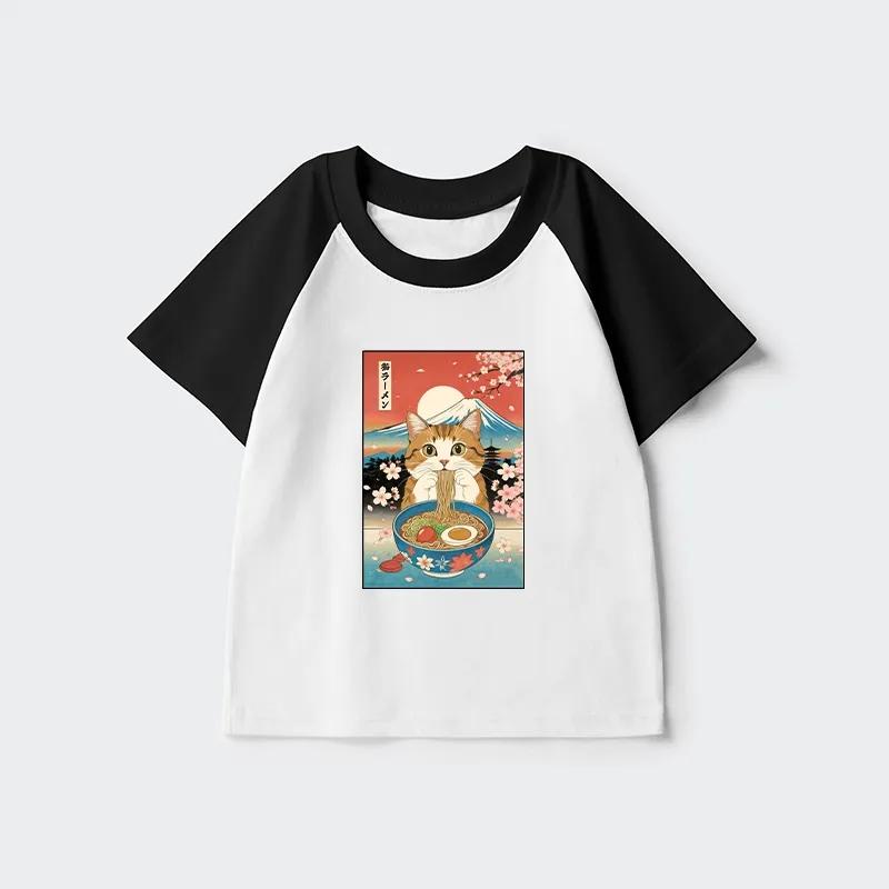 Tokyo-Tiger Funny Orange Cat Eating Ramen Japan Kids Raglan T-shirt Sale