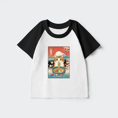Tokyo-Tiger Funny Orange Cat Eating Ramen Japan Kids Raglan T-shirt