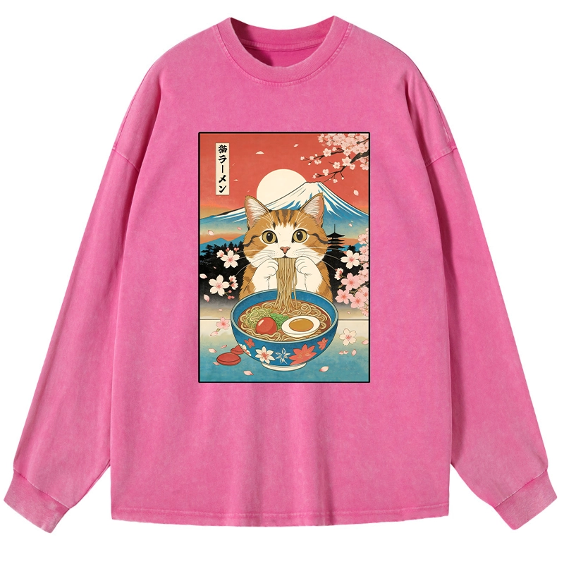 Tokyo-Tiger Funny Orange Cat Eating Ramen Japan Washed Long Sleeve T-Shirt