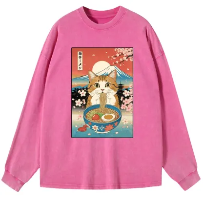 Tokyo-Tiger Funny Orange Cat Eating Ramen Japan Washed Long Sleeve T-Shirt