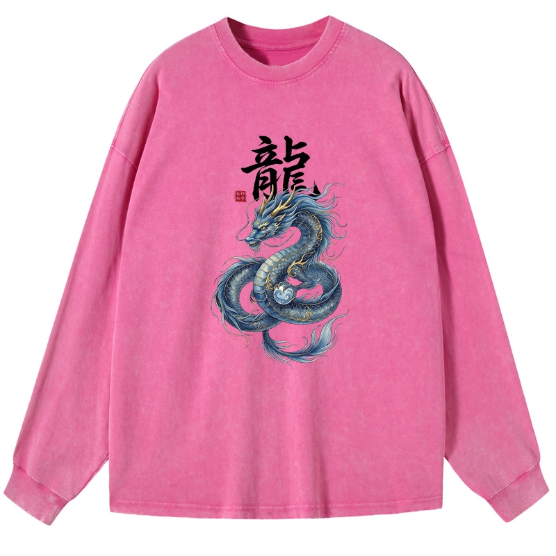 Tokyo-Tiger Mythic Blue Dragon Washed Long Sleeve T-Shirt