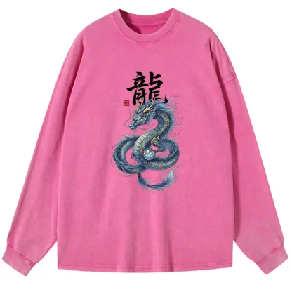 Tokyo-Tiger Mythic Blue Dragon Washed Long Sleeve T-Shirt