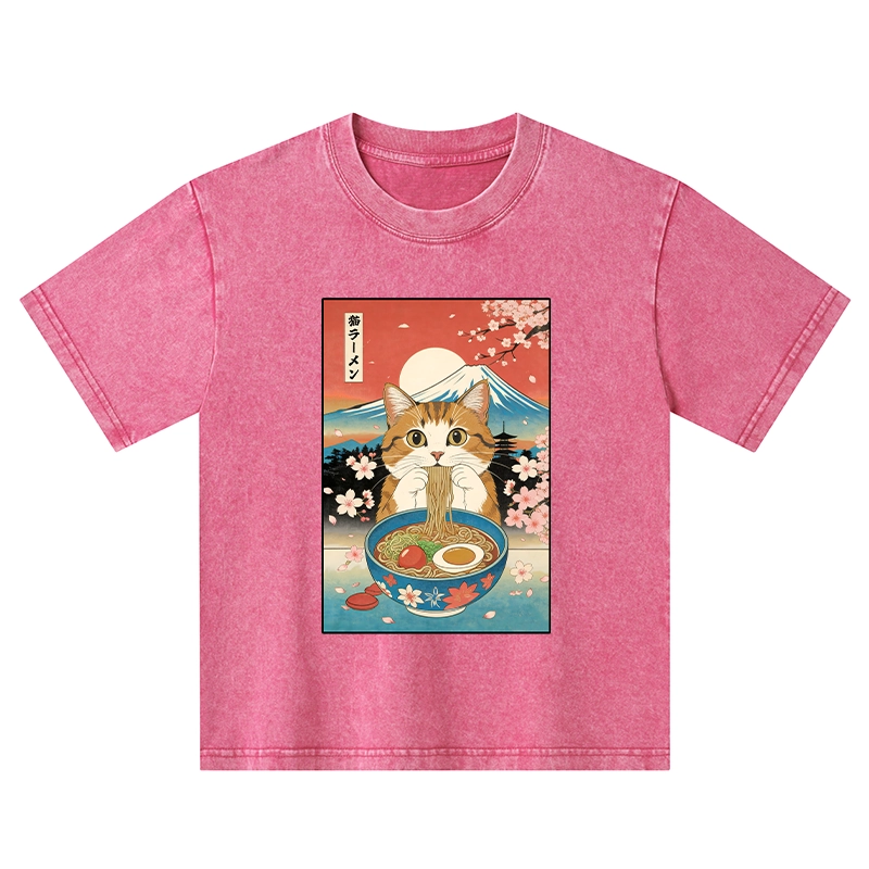 Tokyo-Tiger Funny Orange Cat Eating Ramen Japan Kids Washed T-Shirt