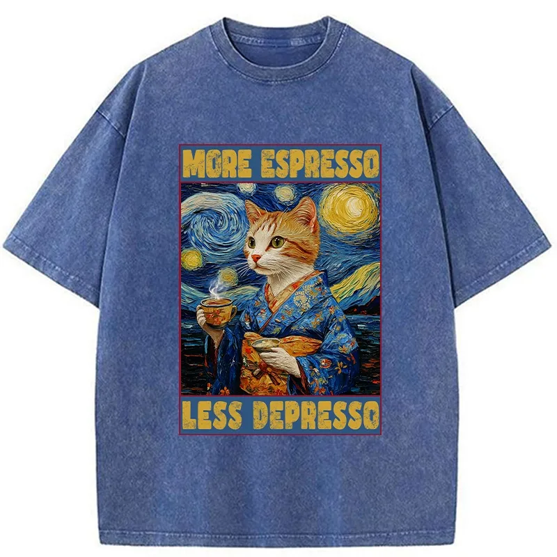 Tokyo-Tiger Funny More Espresso Less Depresso Washed T-Shirt