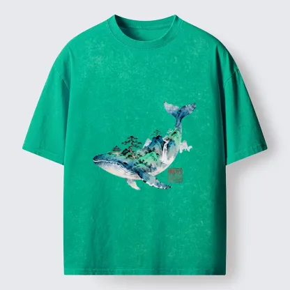 Tokyo-Tiger Whale Ink Painting Landscape Washed T-Shirt