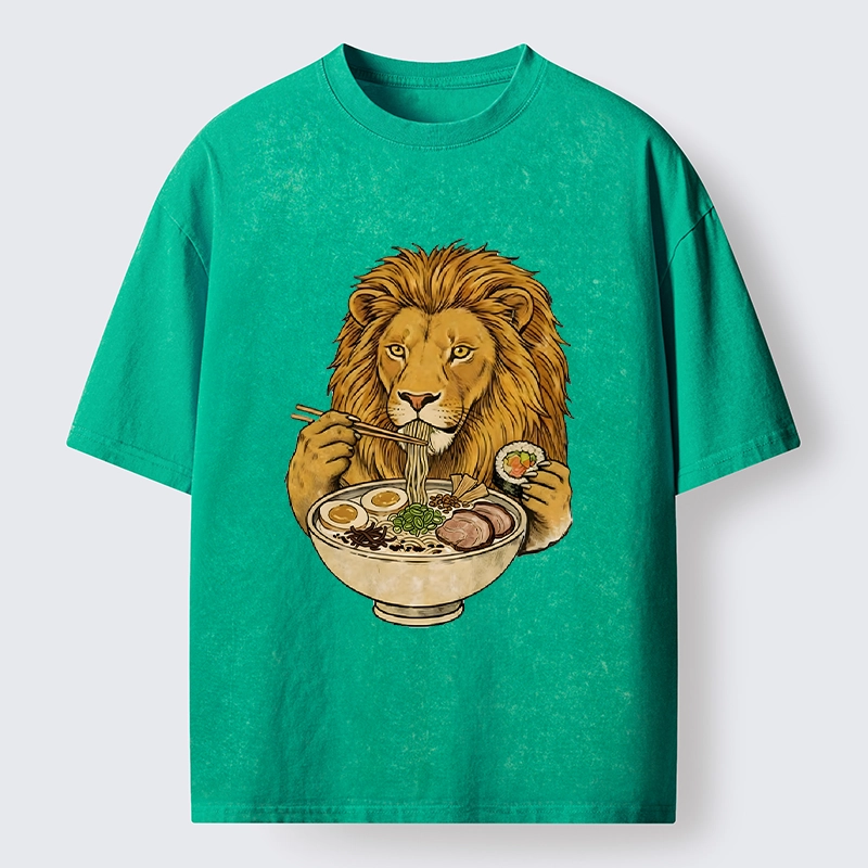 Tokyo-Tiger King Lion Enjoying Ramen Dinner Washed T-Shirt