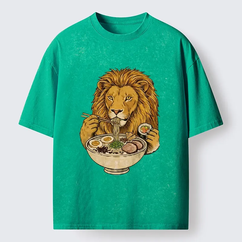 Tokyo-Tiger King Lion Enjoying Ramen Dinner Washed T-Shirt