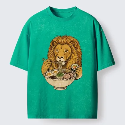 Tokyo-Tiger King Lion Enjoying Ramen Dinner Washed T-Shirt
