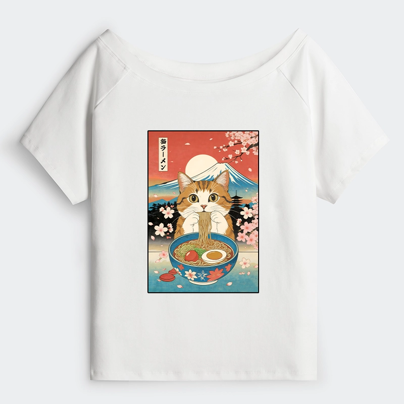 Tokyo-Tiger Funny Orange Cat Eating Ramen Japan Off Shoulder T-Shirt
