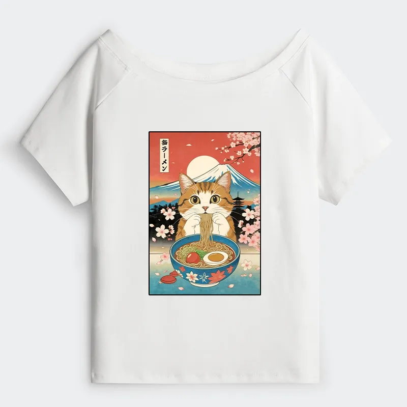Tokyo-Tiger Funny Orange Cat Eating Ramen Japan Off Shoulder T-Shirt