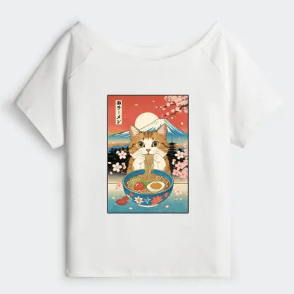 Tokyo-Tiger Funny Orange Cat Eating Ramen Japan Off Shoulder T-Shirt