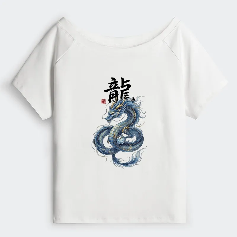 Tokyo-Tiger Mythic Blue Dragon Off Shoulder T-Shirt