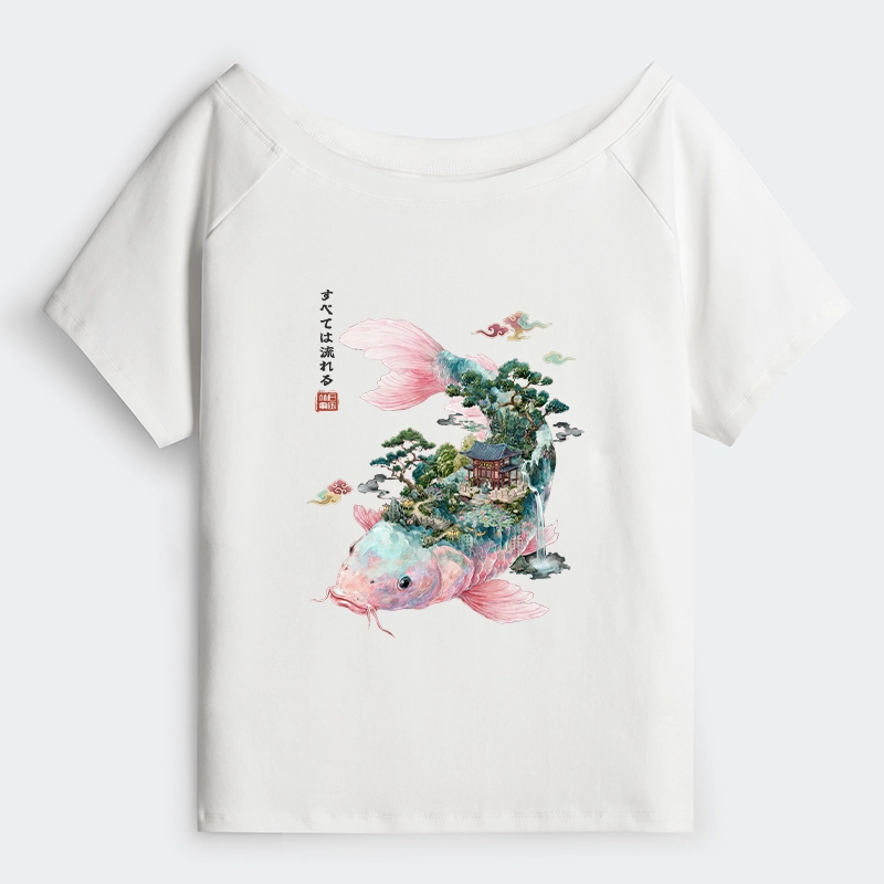 Tokyo-Tiger Journey Of The Flowing Koi Off Shoulder T-Shirt