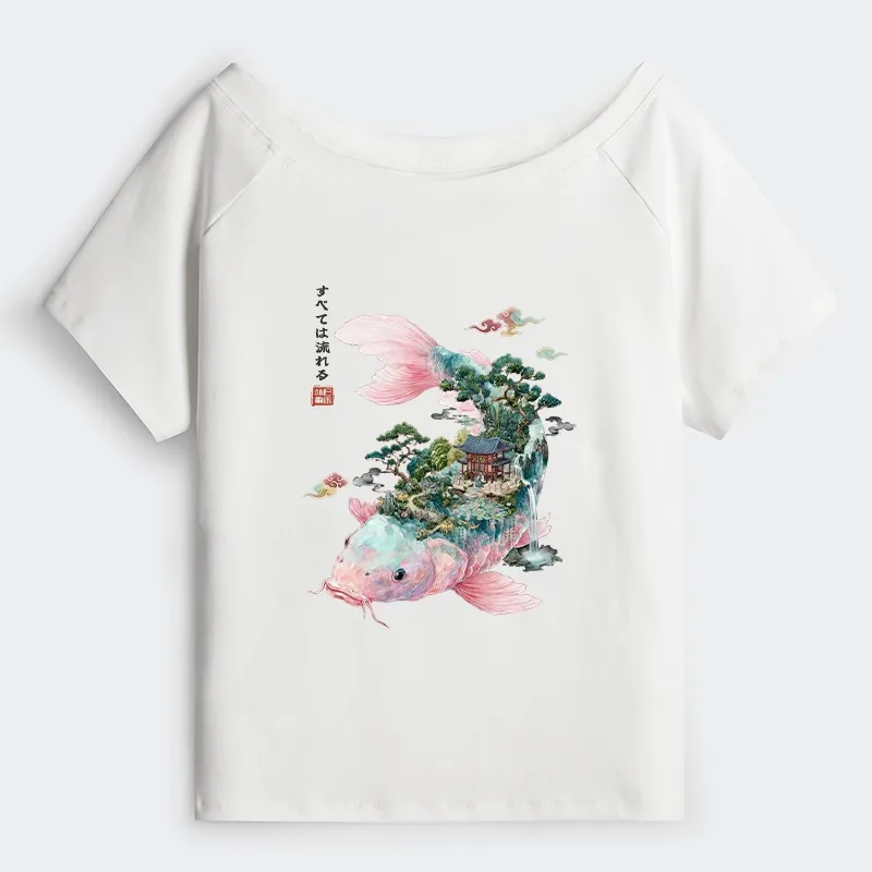 Tokyo-Tiger Journey Of The Flowing Koi Off Shoulder T-Shirt