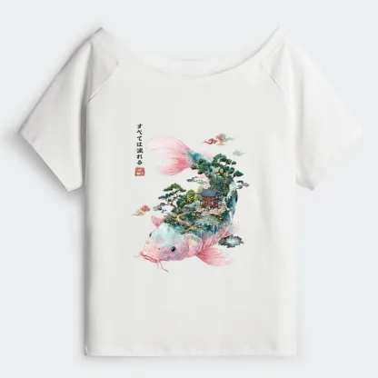 Tokyo-Tiger Journey Of The Flowing Koi Off Shoulder T-Shirt