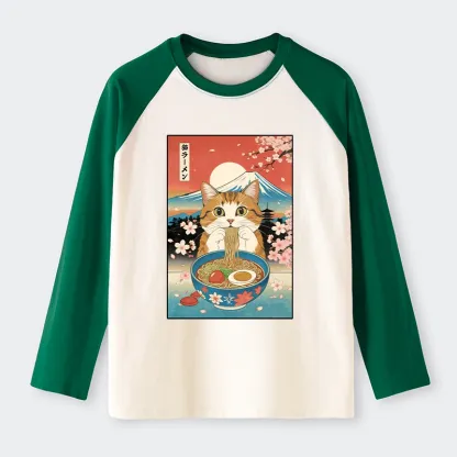 Tokyo-Tiger Funny Orange Cat Eating Ramen Japan Raglan Long Sleeve T-shirt