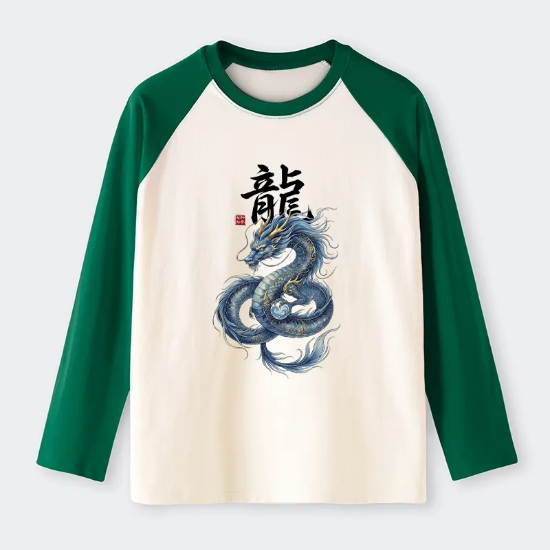 Tokyo-Tiger Mythic Blue Dragon Raglan Long Sleeve T-shirt