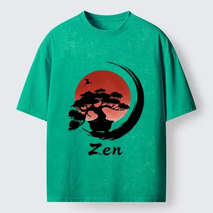 Tokyo-Tiger Zen Bonsai Peaceful Retreat Washed T-Shirt