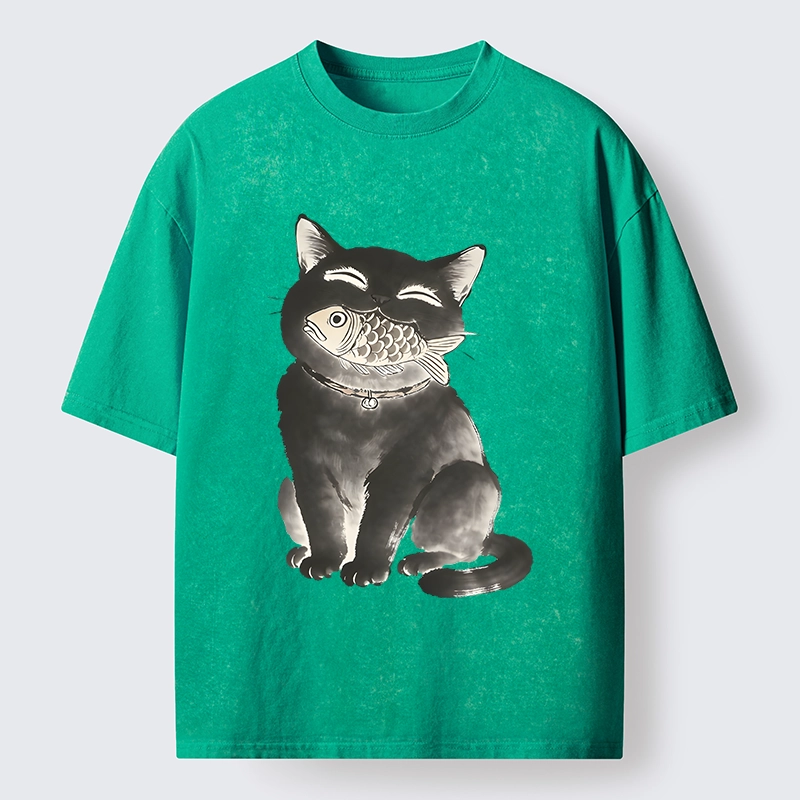 Tokyo-Tiger Black Cat Delightful Feast Washed T-Shirt