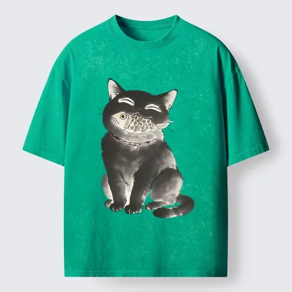Tokyo-Tiger Black Cat Delightful Feast Washed T-Shirt