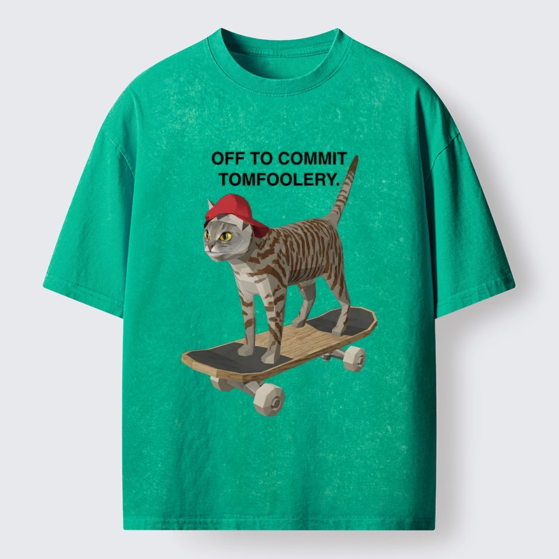 Tokyo-Tiger Skateboarding Cat Funny Meme Washed T-Shirt