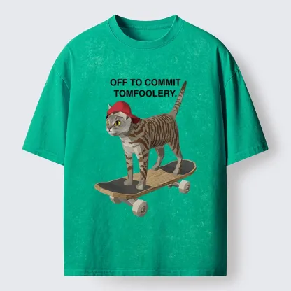 Tokyo-Tiger Skateboarding Cat Funny Meme Washed T-Shirt