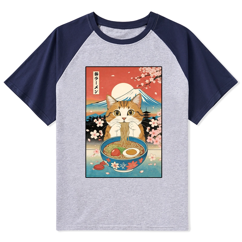 Tokyo-Tiger Funny Orange Cat Eating Ramen Japan Raglan T-shirt