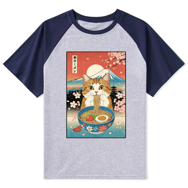 Tokyo-Tiger Funny Orange Cat Eating Ramen Japan Raglan T-shirt