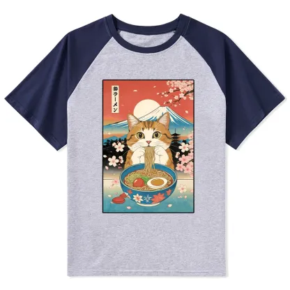 Tokyo-Tiger Funny Orange Cat Eating Ramen Japan Raglan T-shirt