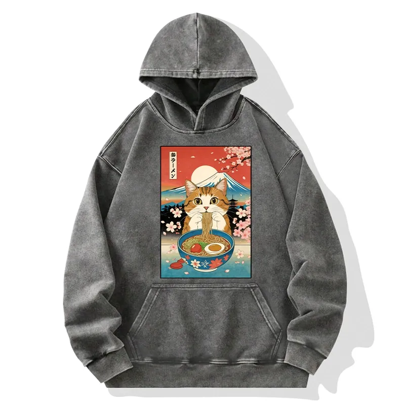 Tokyo-Tiger Funny Orange Cat Eating Ramen Japan Washed Hoodie