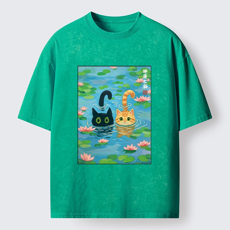 Tokyo-Tiger Cats In The Lotus Pond Washed T-Shirt
