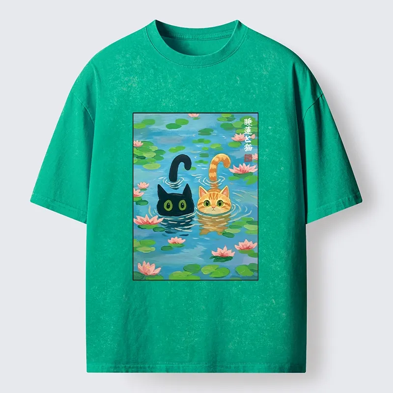 Tokyo-Tiger Cats In The Lotus Pond Washed T-Shirt
