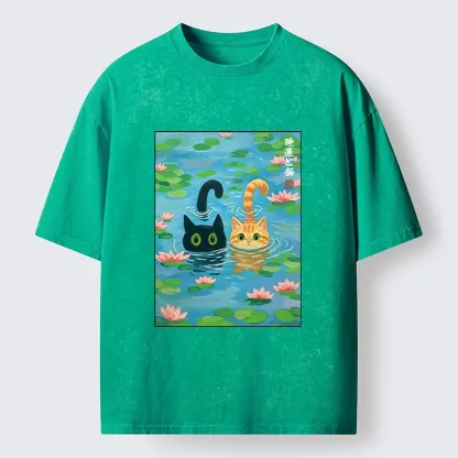 Tokyo-Tiger Cats In The Lotus Pond Washed T-Shirt