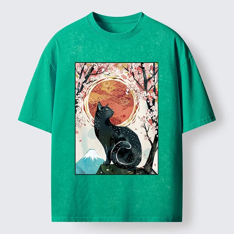 Tokyo-Tiger Black Cat Sakura Washed T-Shirt