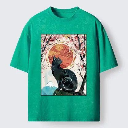 Tokyo-Tiger Black Cat Sakura Washed T-Shirt