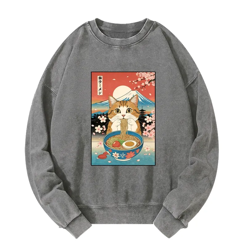 Tokyo-Tiger Funny Orange Cat Eating Ramen Japan Washed Sweatshirt