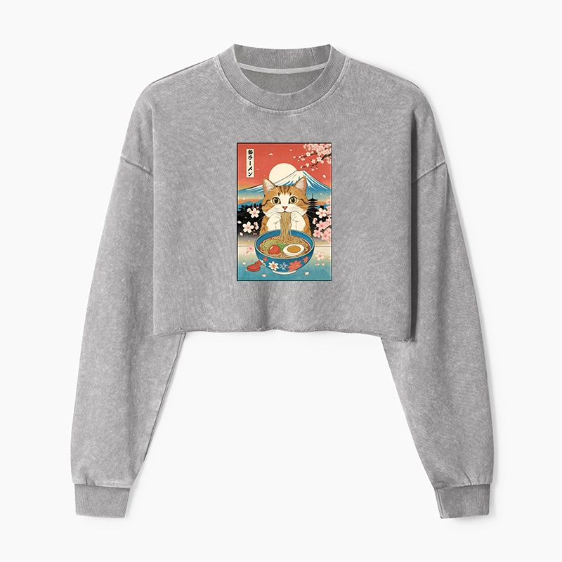 Tokyo-Tiger Funny Orange Cat Eating Ramen Japan Washed Crop Sweatshirt