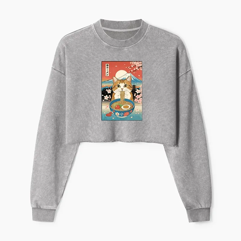 Tokyo-Tiger Funny Orange Cat Eating Ramen Japan Washed Crop Sweatshirt