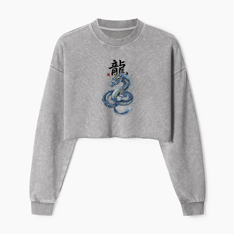 Tokyo-Tiger Mythic Blue Dragon Washed Crop Sweatshirt