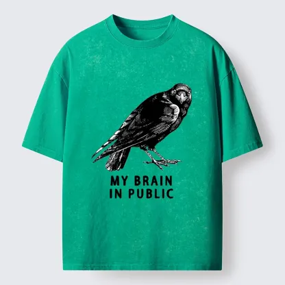 Tokyo-Tiger Black Crow Public Brain Funny Art Washed T-Shirt