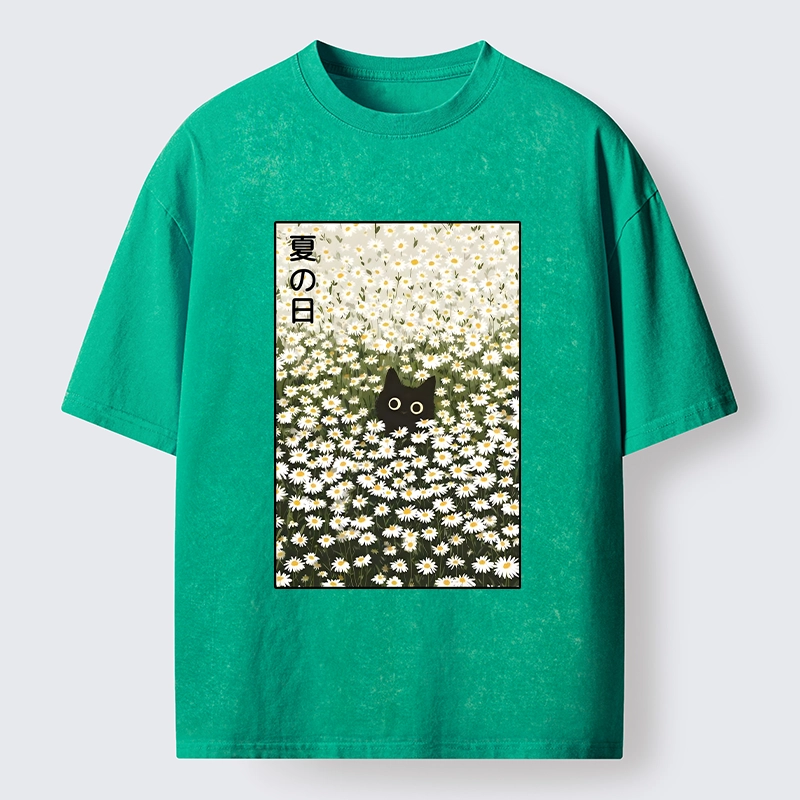 Tokyo-Tiger Summer Day Daisies Black Cat Washed T-Shirt